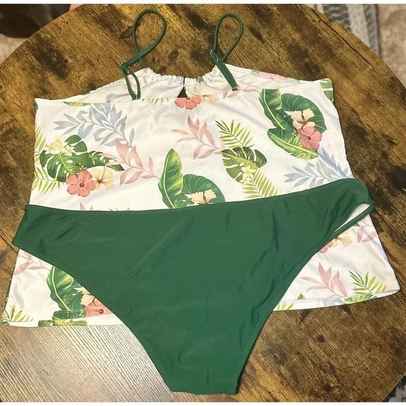 Rosegal Plus Size 5X 2 Piece Bikini Keyhole Adjustable Strap Top Tropical - Picture 2 of 5